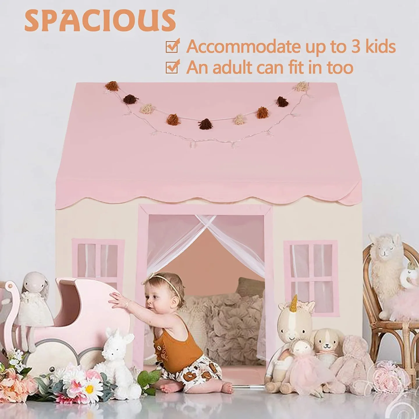 Kids Play Tent with Mat & Star Lights - Pink Playhouse