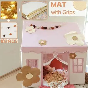 Kids Play Tent with Mat & Star Lights - Pink Playhouse