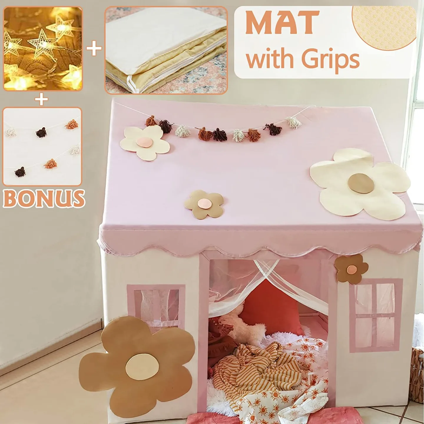 Kids Play Tent with Mat & Star Lights - Pink Playhouse