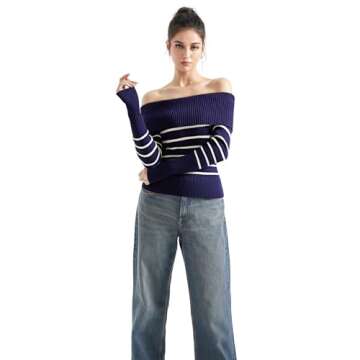 SUUKSESS Women Off Shoulder Sweater Long Sleeve Ribbed Knit Pullover Sweater Tops Going Out Fall Shirt (Blue White, S)