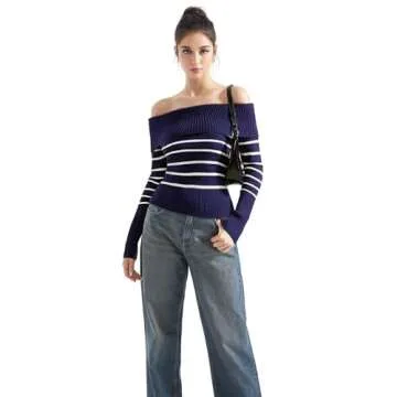 SUUKSESS Women Off Shoulder Sweater Long Sleeve Ribbed Knit Pullover Sweater Tops Going Out Fall Shirt (Blue White, S)