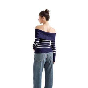SUUKSESS Women Off Shoulder Sweater Long Sleeve Ribbed Knit Pullover Sweater Tops Going Out Fall Shirt (Blue White, S)