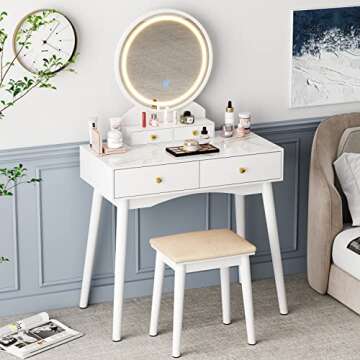 Furmax Vanity Desk Makeup Vanity Table with Lighted Mirror Vanity Set with Modern Desktop, Soft Cushioned Stool, 4 Storage Drawers, 3 Colors Mirror Brightness Adjustable (White)