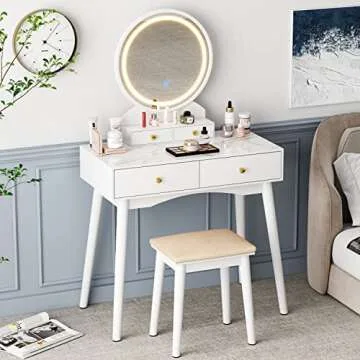 Furmax Vanity Desk Makeup Vanity Table with Lighted Mirror Vanity Set with Modern Desktop, Soft Cushioned Stool, 4 Storage Drawers, 3 Colors Mirror Brightness Adjustable (White)