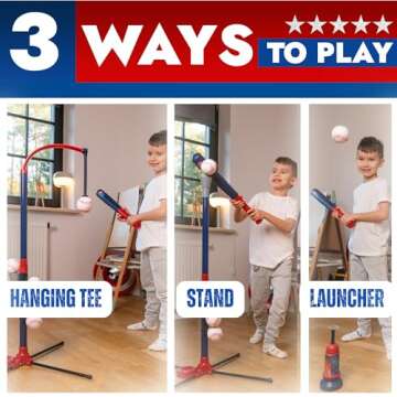 3-in-1 Baseball Set for Kids and Toddlers Ages 3-5 – Includes Tee Ball Stand, Hanging Tee, Automat...