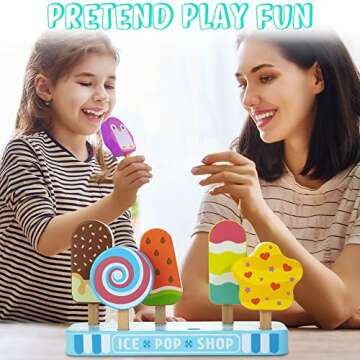 HELLOWOOD Wooden Ice Pop Shop Pretend Play Set for Kids, 7 Pieces Realistic Ice Lolly Play Food Toys...