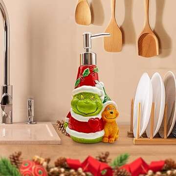 Christmas Soap Dispenser, Christmas Bathroom Decor, Christmas Green Ceramic Soap Dispenser for Kitchen Countertop, Christmas Bathroom Kitchen Decorations, Refillable Hand Soap Dispenser with Pump