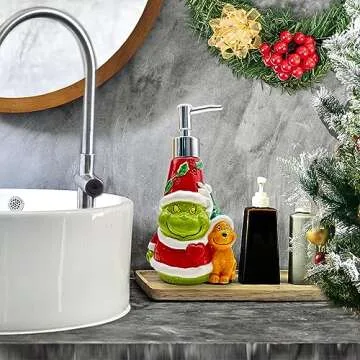 Christmas Soap Dispenser, Christmas Bathroom Decor, Christmas Green Ceramic Soap Dispenser for Kitchen Countertop, Christmas Bathroom Kitchen Decorations, Refillable Hand Soap Dispenser with Pump