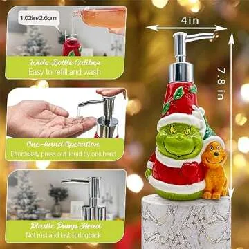 Christmas Soap Dispenser, Christmas Bathroom Decor, Christmas Green Ceramic Soap Dispenser for Kitchen Countertop, Christmas Bathroom Kitchen Decorations, Refillable Hand Soap Dispenser with Pump