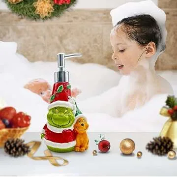Christmas Soap Dispenser, Christmas Bathroom Decor, Christmas Green Ceramic Soap Dispenser for Kitchen Countertop, Christmas Bathroom Kitchen Decorations, Refillable Hand Soap Dispenser with Pump