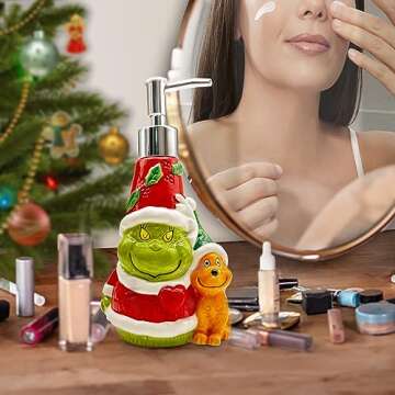 Christmas Soap Dispenser, Christmas Bathroom Decor, Christmas Green Ceramic Soap Dispenser for Kitchen Countertop, Christmas Bathroom Kitchen Decorations, Refillable Hand Soap Dispenser with Pump