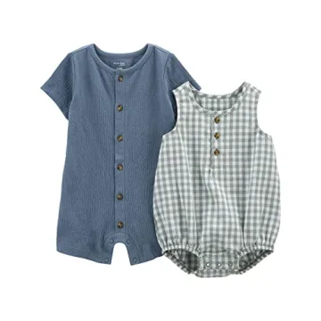 Simple Joys by Carter's Baby Boys' Button Romper, Pack of 2, Green Gingham/Tapestry Blue, Newborn