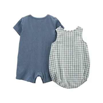 Carter's Baby Girls' Button Romper, Pack of 2, Green/Tapestry Blue