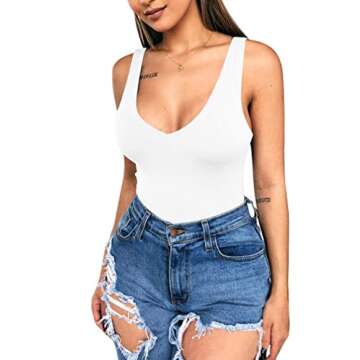 LAGSHIAN Women's Sexy Bodycon Basic V Neck Sleeveless Party One Piece Leotrad Bodysuit Jumpsuits White