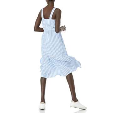 Amazon Essentials Women's Fluid Twill Tiered Fit and Flare Dress, Light Blue White French Stripe, Small