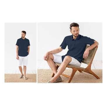 JEKAOYI Button Down Short Sleeve Linen Shirts for Men Summer Casual Cotton Spread Collar Beach Shirts (Navy Blue, Large)