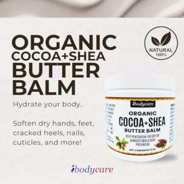 ibodycare Organic Raw Shea Butter Cocoa Butter Body Balm with Coconut Oil, 8 oz Unrefined Natural Bo...