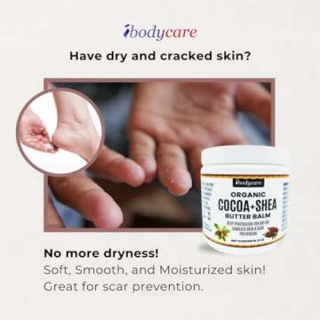 ibodycare Organic Raw Shea Butter Cocoa Butter Body Balm with Coconut Oil, 8 oz Unrefined Natural Body Butter Blend for Women, Men, Kids, and All Skin Types