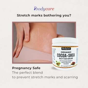 ibodycare Organic Raw Shea Butter Cocoa Butter Body Balm with Coconut Oil, 8 oz Unrefined Natural Body Butter Blend for Women, Men, Kids, and All Skin Types