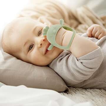 AIXMEET Silicone Baby Teething Toys, Chick Baby Teether Toy for 3+ Months, Baby Chew Toys for Sucking Needs, Never Drop Baby Mitten Teether for Soothing Teething Pain Relief, Easy Clean (Green)