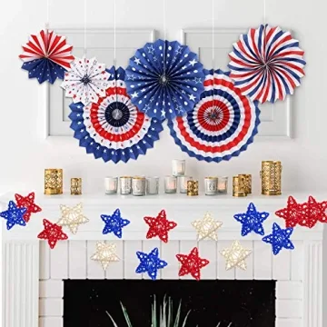 STMK 15 Pcs 4th of July Star Shaped Rattan Balls Decoration, 2.36 Inch Red White and Blue Star Shaped Wicker Balls for 4th of July Home Decor DIY Vase Bowl Filler Ornament Table Decoration