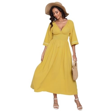 Women's Summer Maxi Dress Romantic V-Neck Exaggerated Sleeve, Smocked Bodice Casual Wedding Guest Dr...