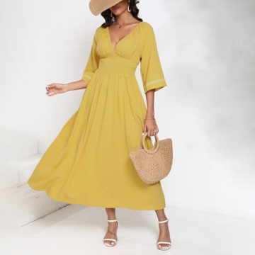 Women's Summer Maxi Dress Romantic V-Neck Exaggerated Sleeve, Smocked Bodice Casual Wedding Guest Dress with Pocket (US, Alpha, X-Large, Regular, Regular, Yellow)