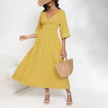 Women's Summer Maxi Dress Romantic V-Neck Exaggerated Sleeve, Smocked Bodice Casual Wedding Guest Dress with Pocket (US, Alpha, X-Large, Regular, Regular, Yellow)