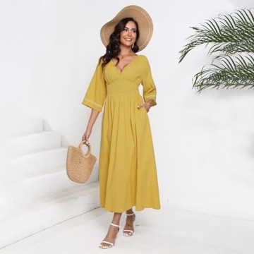 Women's Summer Maxi Dress Romantic V-Neck Exaggerated Sleeve, Smocked Bodice Casual Wedding Guest Dress with Pocket (US, Alpha, X-Large, Regular, Regular, Yellow)