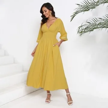 Women's Summer Maxi Dress Romantic V-Neck Exaggerated Sleeve, Smocked Bodice Casual Wedding Guest Dress with Pocket (US, Alpha, X-Large, Regular, Regular, Yellow)