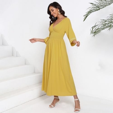 Women's Summer Maxi Dress Romantic V-Neck Exaggerated Sleeve, Smocked Bodice Casual Wedding Guest Dress with Pocket (US, Alpha, X-Large, Regular, Regular, Yellow)