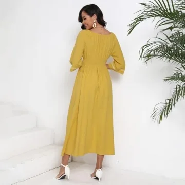 Women's Summer Maxi Dress Romantic V-Neck Exaggerated Sleeve, Smocked Bodice Casual Wedding Guest Dress with Pocket (US, Alpha, X-Large, Regular, Regular, Yellow)