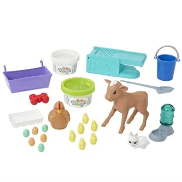 Barbie Careers Playset, Hatch & Gather Egg Farm with Brunette Farmer Fashion Doll, Hatching Molds & Dough, Chicken Coop, 10 Animals & Accessories