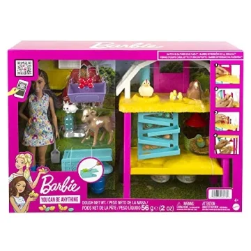 Barbie Careers Playset, Hatch & Gather Egg Farm with Brunette Farmer Fashion Doll, Hatching Molds & Dough, Chicken Coop, 10 Animals & Accessories