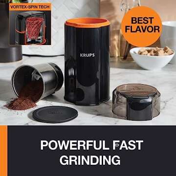 KRUPS Silent Vortex Electric Coffee Grinder: 3 oz Capacity, 5x Quieter, 175W Motor for Coffee Beans, Spices & Herbs - Removable Dishwasher-Safe Bowl, 12-Cup Yield, Black