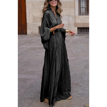 ZOCANIA Women Long Batwing Sleeve Maxi Dress Geometry Print V Neck Long Dress Waist Pleated Large Hem Flowy Fall Swing Dress Formal Cocktail Party Dress Evening Gown Black
