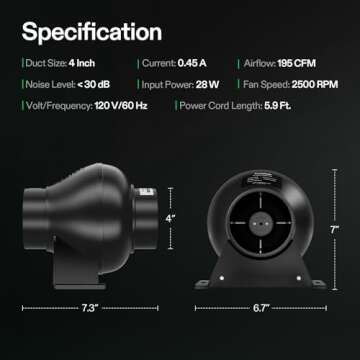 VIVOSUN D4 4 Inch 195 CFM Inline Duct Ventilation Fan HVAC Vent Blower for Hydroponics Grow Tent