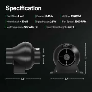VIVOSUN D4 4 Inch 195 CFM Inline Duct Ventilation Fan HVAC Vent Blower for Hydroponics Grow Tent