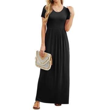 GRECERELLE Womens Black Summer Dresses Short Sleeve Long Dresses with Pocket for Daily L, Black