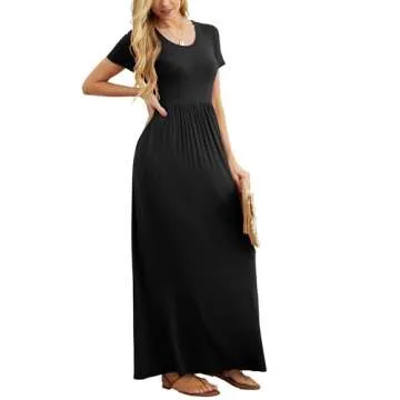 GRECERELLE Womens Black Summer Dresses Short Sleeve Long Dresses with Pocket for Daily L, Black