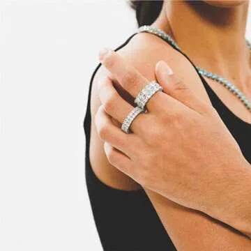 TOPGRILLZ Engagement Ring Men Gold Ring Cubic Zirconia Silver Ring Diamond Rings for Women 9mm Iced out 14K Gold Plated 2 Rows Round Cut Eternity Chunky Ring（Silver,9