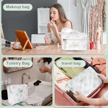 GISMTR 3Pcs Cotton Quilted Makeup Bag Large Travel Cosmetic Bag Coquette Makeup Pouch Cute Aesthetic Floral Toiletry Bag for Women Girls (flower-T)