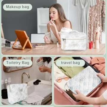 GISMTR 3Pcs Cotton Quilted Makeup Bag Large Travel Cosmetic Bag Coquette Makeup Pouch Cute Aesthetic Floral Toiletry Bag for Women Girls (flower-T)