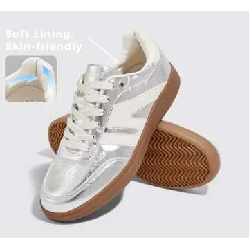 LUCKY STEP Women Classic Retro Gum Sole Fashion Sneakers Casual Tennis Skate Shoe Genuine Leather Walking Footwear Anti Slip Trainers(Silver,9)