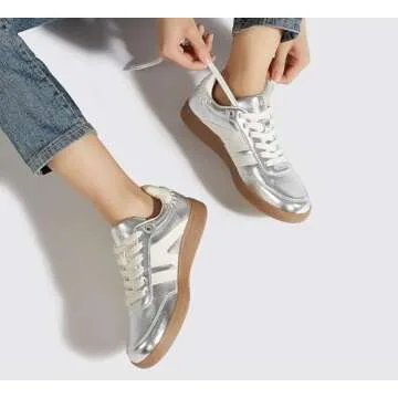 LUCKY STEP Women Classic Retro Gum Sole Fashion Sneakers Casual Tennis Skate Shoe Genuine Leather Walking Footwear Anti Slip Trainers(Silver,9)