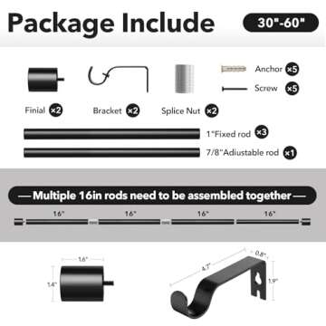IFELS Heavy Duty Curtain Rods for Windows 28 to 48 Inch, 1 Inch Black Curtain Rods for Outdoor, Farmhouse, Bedroom, Kitchen, Living Room, Adjustable Easy Install Curtain Rods (A2,Black,30"-60")
