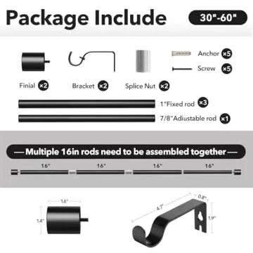 IFELS Heavy Duty Curtain Rods for Windows 28 to 48 Inch, 1 Inch Black Curtain Rods for Outdoor, Farmhouse, Bedroom, Kitchen, Living Room, Adjustable Easy Install Curtain Rods (A2,Black,30"-60")