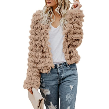 Lovaru Womens Coat Long Sleeve Open Front Parka Shaggy Faux Fur Coat Jacket Parka Coffee