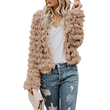 Lovaru Womens Coat Long Sleeve Open Front Parka Shaggy Faux Fur Coat Jacket Parka Coffee