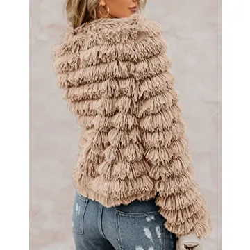 Lovaru Womens Coat Long Sleeve Open Front Parka Shaggy Faux Fur Coat Jacket Parka Coffee